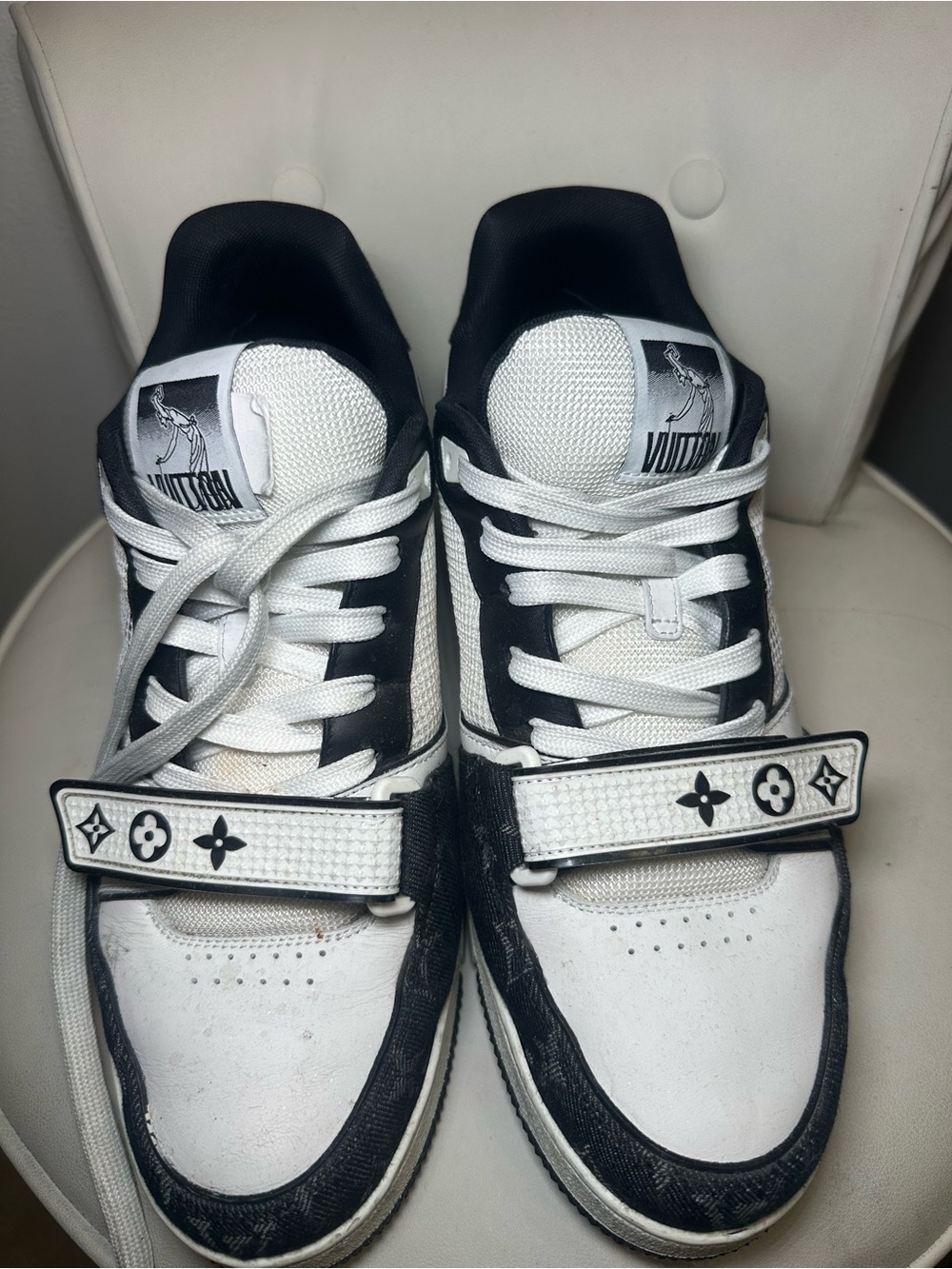 Louis Vuitton White and Black Low-Top Sneakers with Monogram Strap